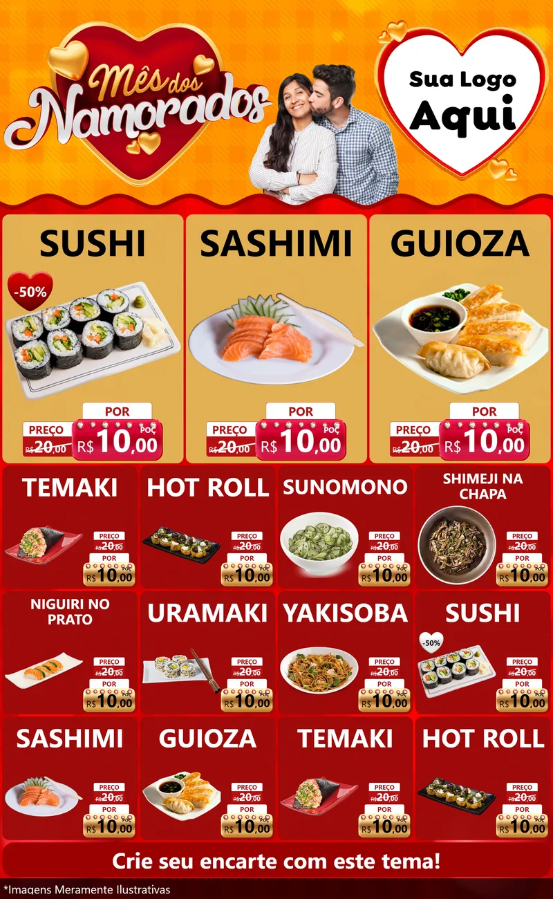 Modelo de Encarte para Encarte Grande com o tema Mês dos Namorados para Comida japonesa