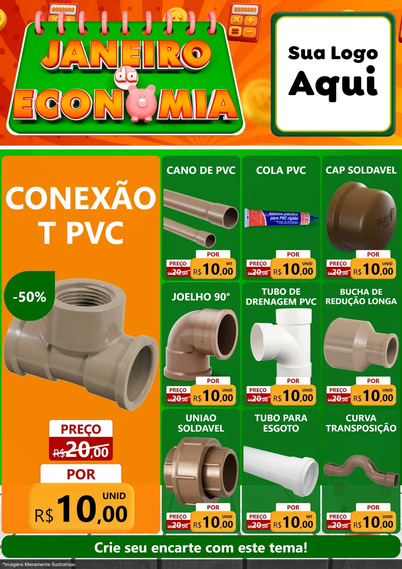 Modelo de Encarte para Encarte A4 Vertical com o tema Janeiro da Economia para Tubos e conexões