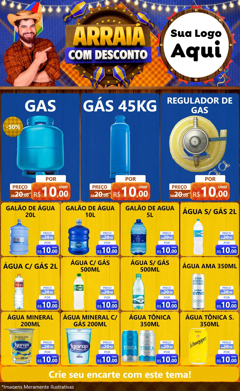 Modelo de Encarte para Encarte Grande com o tema Arraiá Com Desconto para Água e gás
