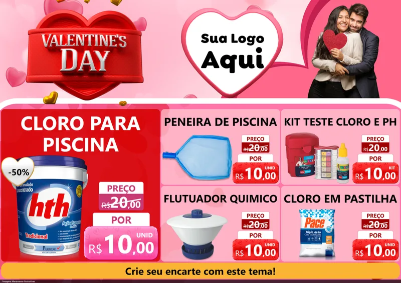 Modelo de Encarte para Encarte A4 Horizontal com o tema Valentine's Day para Produtos para Piscina