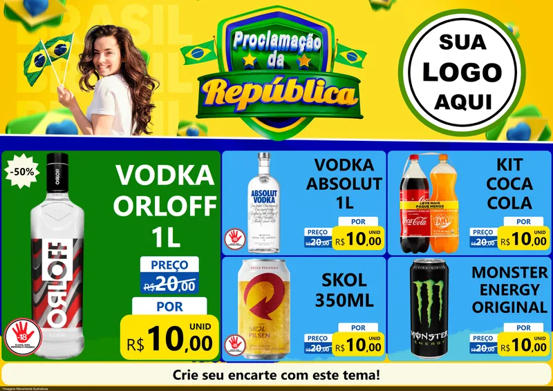 Modelo de Encarte para Encarte A4 Horizontal com o tema Proclamação da República para Distribuidora de bebidas