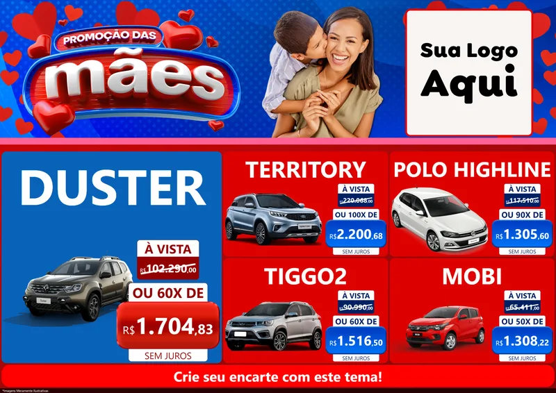 Modelo de Encarte para Encarte A4 Horizontal com o tema Promoção das Mães para Concessionaria de Carros