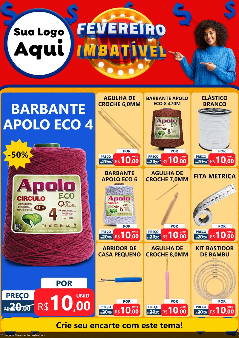 Modelo de Encarte para Encarte A4 Vertical com o tema Fevereiro Imbatível para Armarinho e Aviamentos