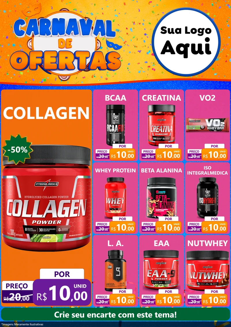 Modelo de Encarte para Encarte A4 Vertical com o tema Carnaval de Ofertas para Suplementos alimentares