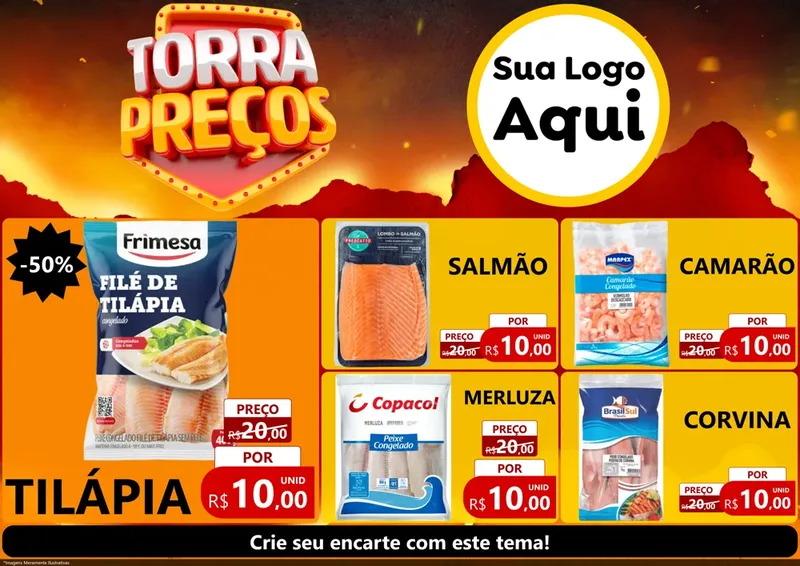 Modelo de Encarte para Encarte A4 Horizontal com o tema Torra Preços para Peixaria