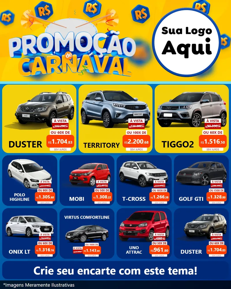 Modelo de Rede Social para Feed Instagram com o tema Promoção de Carnaval para Concessionaria de Carros