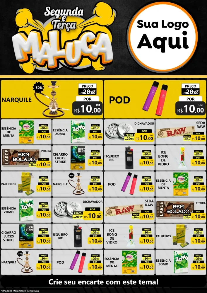 Modelo de Encarte para Encarte A4 Vertical com o tema Segunda e Terça Maluca para Tabacaria