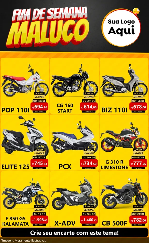 Modelo de Encarte para Encarte Grande com o tema Final de Semana Maluco para Concessionaria de Motos