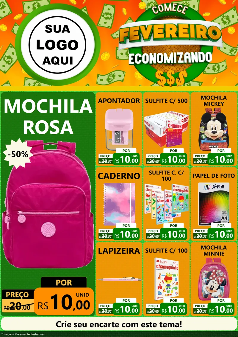 Modelo de Encarte para Encarte A4 Vertical com o tema Comece Fevereiro Economizando para Papelaria
