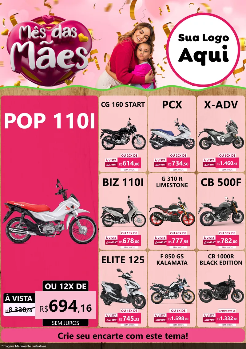 Modelo de Encarte para Encarte A4 Vertical com o tema Mês das Mães para Concessionaria de Motos