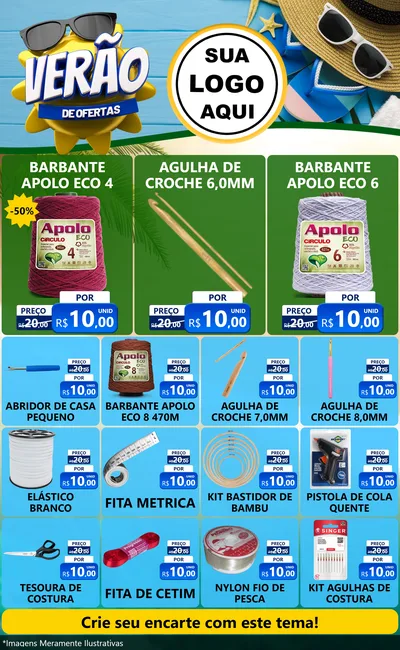 Modelo de Encarte para Encarte Grande com o tema Verão de Ofertas para Armarinho e Aviamentos