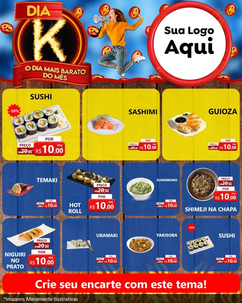 Modelo de Rede Social para Feed Instagram com o tema Dia K - O Dia Mais Barato Do Mês para Comida japonesa
