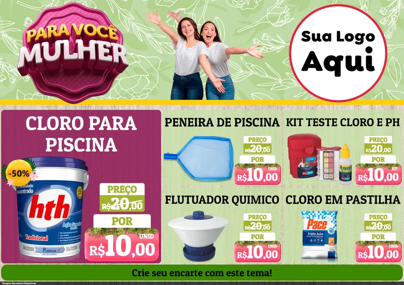 Modelo de Encarte para Encarte A4 Horizontal com o tema Para Você Mulher para Produtos para Piscina