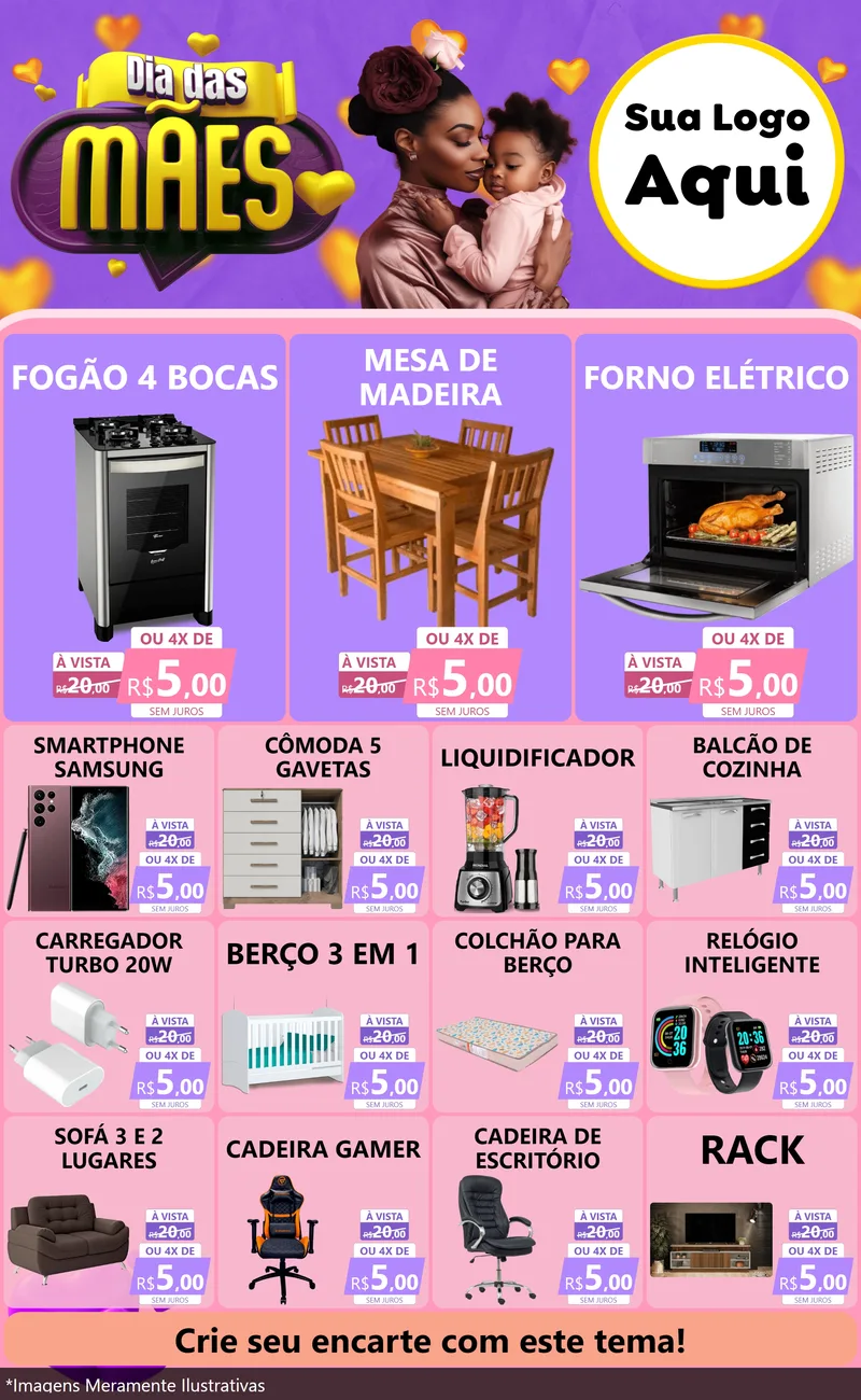 Modelo de Encarte para Encarte Grande com o tema Dia das Mães para Móveis e Eletro