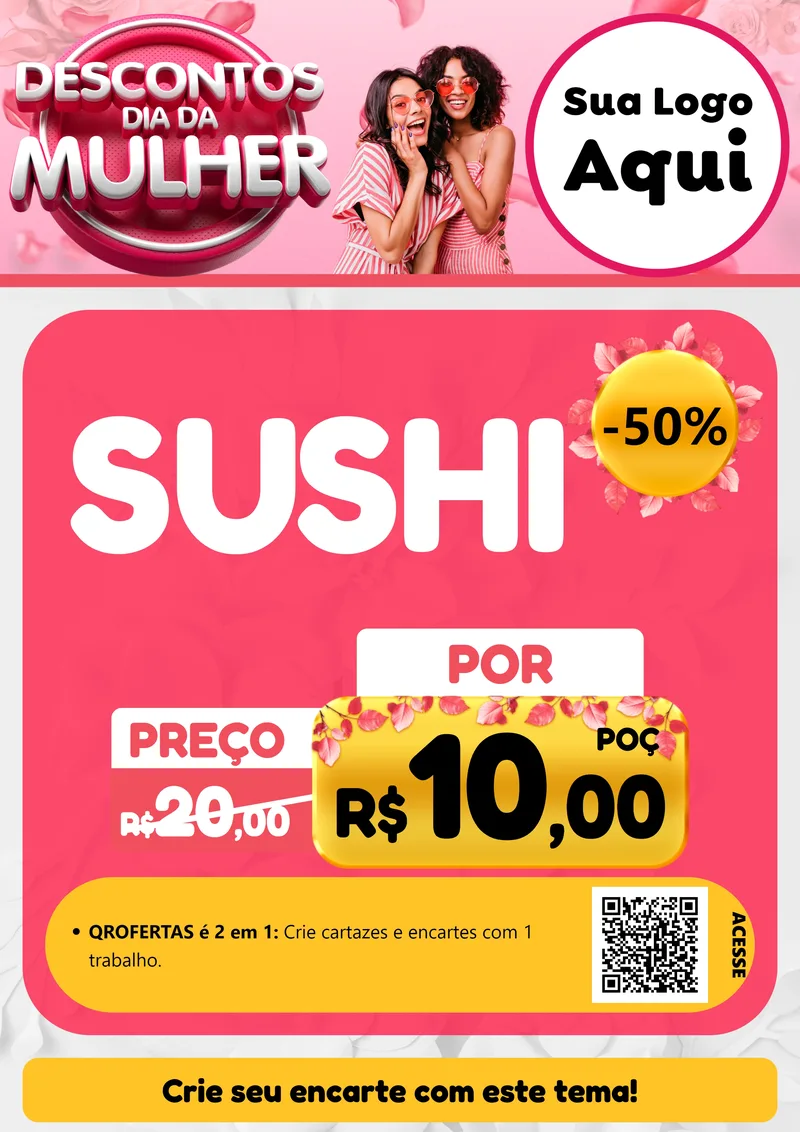 Modelo de Cartaz para Cartaz A4 Vertical com o tema Descontos Dia da Mulher para Comida japonesa