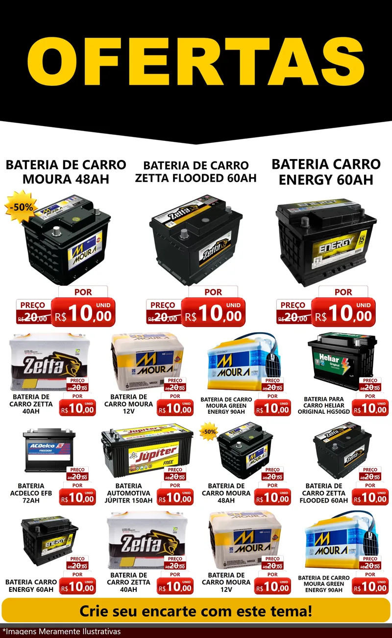 Modelo de Encarte para Encarte Grande com o tema Ofertas Preto e Vermelho Cartaz para Baterias Elétricas