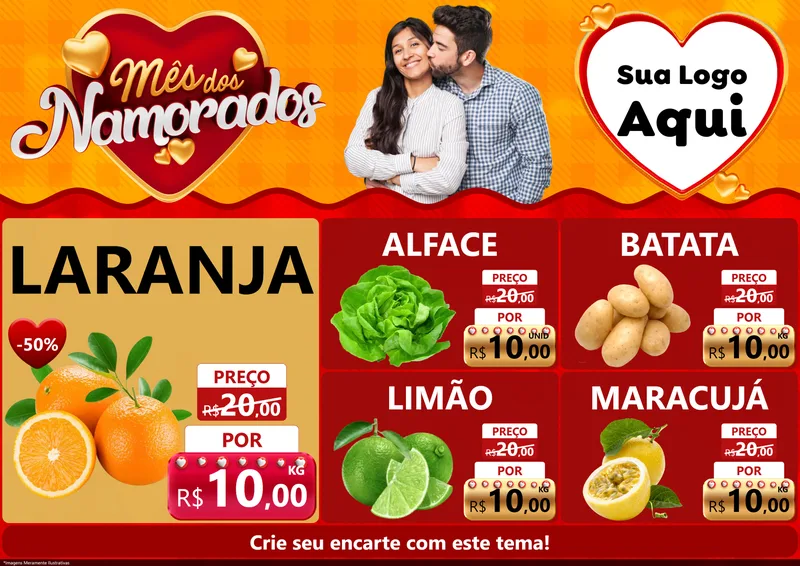 Modelo de Encarte para Encarte A4 Horizontal com o tema Mês dos Namorados para Hortifrúti