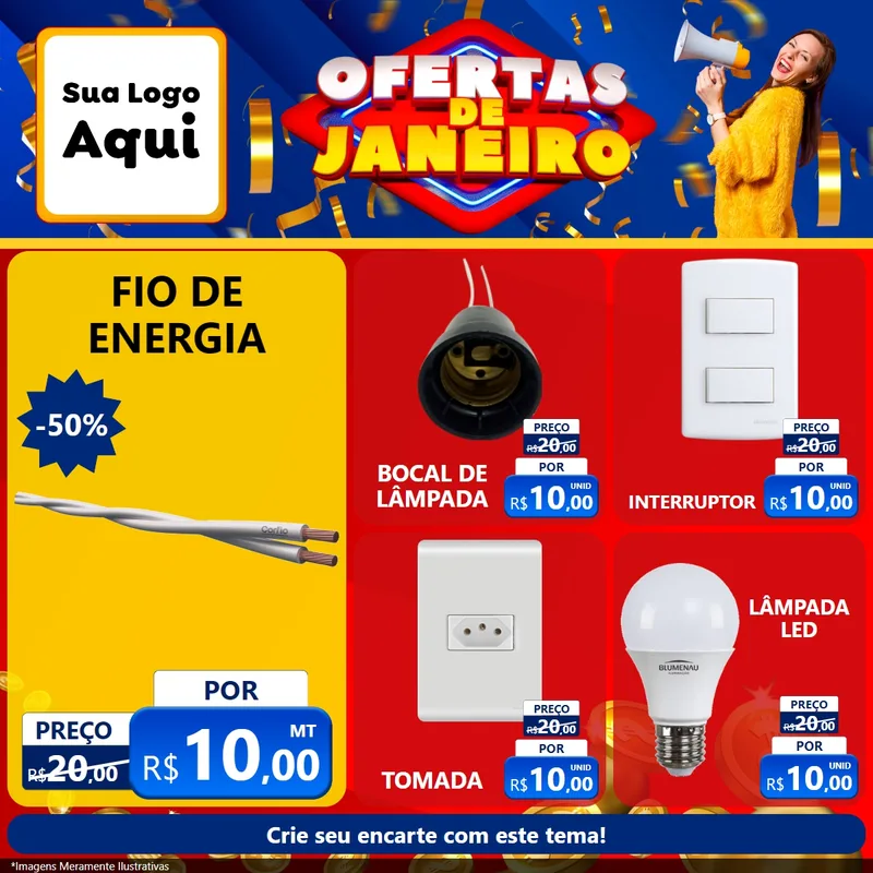 Modelo de Rede Social para Feed Facebook com o tema Ofertas de Janeiro para Materiais Elétricos