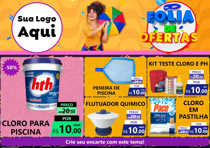 Modelo de Encarte para Encarte A4 Horizontal com o tema Folia de Ofertas para Produtos para Piscina