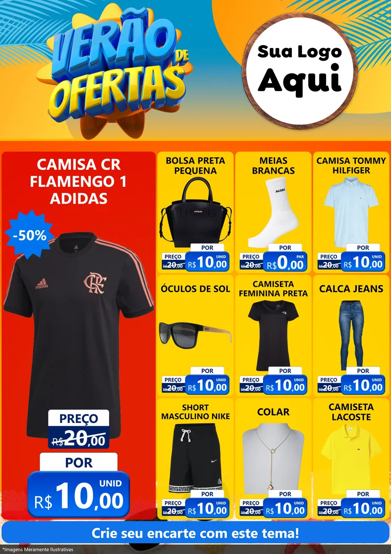 Modelo de Encarte para Encarte A4 Vertical com o tema Verão de Ofertas para Roupas e acessórios