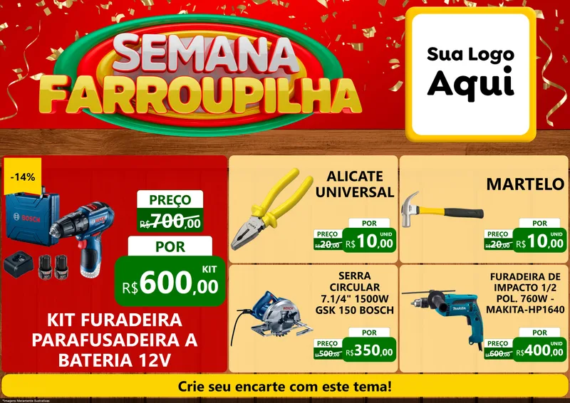 Modelo de Encarte para Encarte A4 Horizontal com o tema Semana Farroupilha para Maquinas e Ferramentas