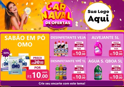 Modelo de Encarte para Encarte A4 Horizontal com o tema Carnaval de Ofertas para Produtos de Limpeza