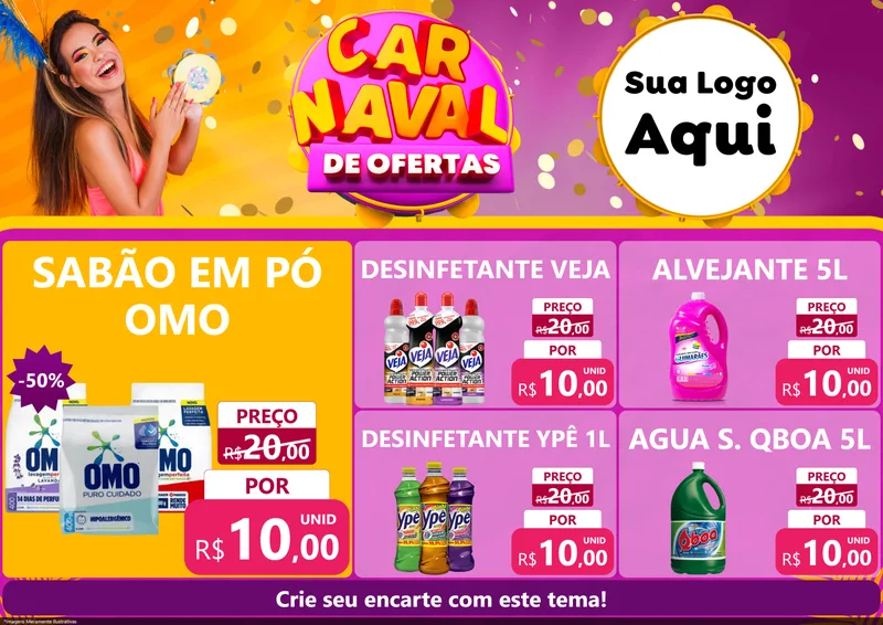 Modelo de Encarte para Encarte A4 Horizontal com o tema Carnaval de Ofertas para Produtos de Limpeza