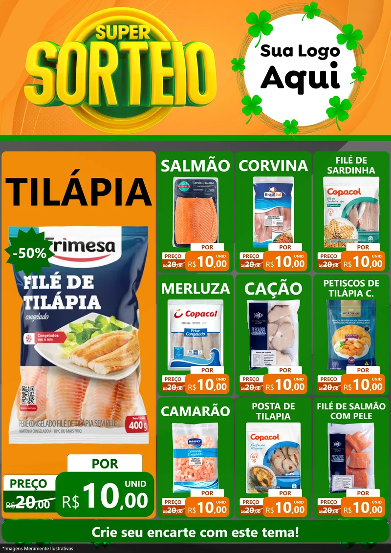 Modelo de Encarte para Encarte A4 Vertical com o tema Super Sorteio para Peixaria