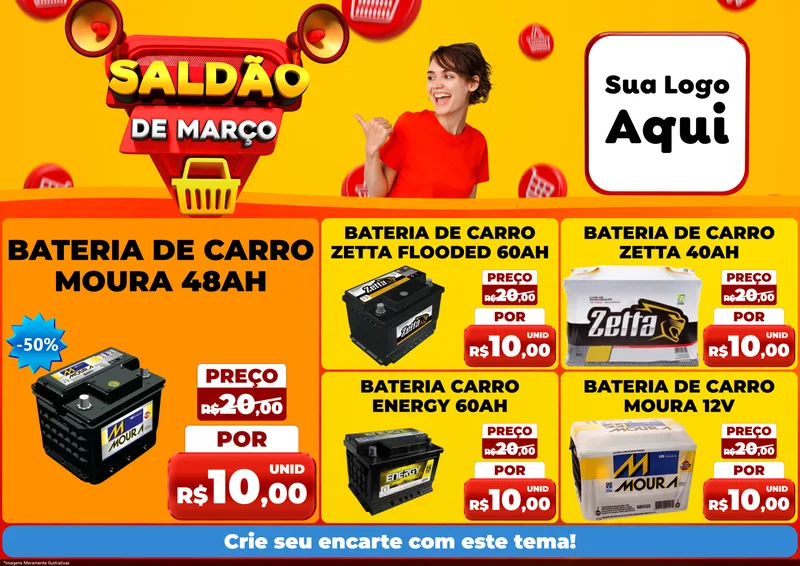 Modelo de Encarte para Encarte A4 Horizontal com o tema Saldão de Março para Baterias Elétricas