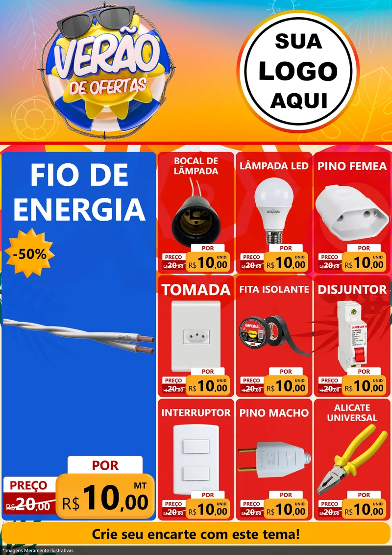 Modelo de Encarte para Encarte A4 Vertical com o tema Verão de Ofertas para Materiais Elétricos
