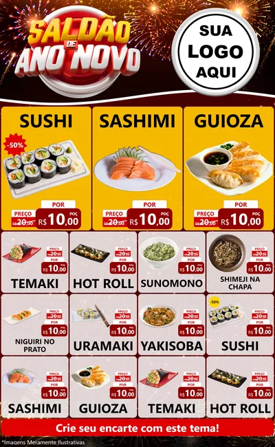 Modelo de Encarte para Encarte Grande com o tema Saldão de Ano Novo para Comida japonesa
