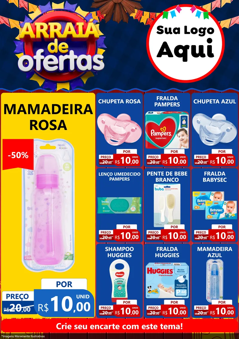 Modelo de Encarte para Encarte A4 Vertical com o tema Arraiá de Ofertas para Bebês
