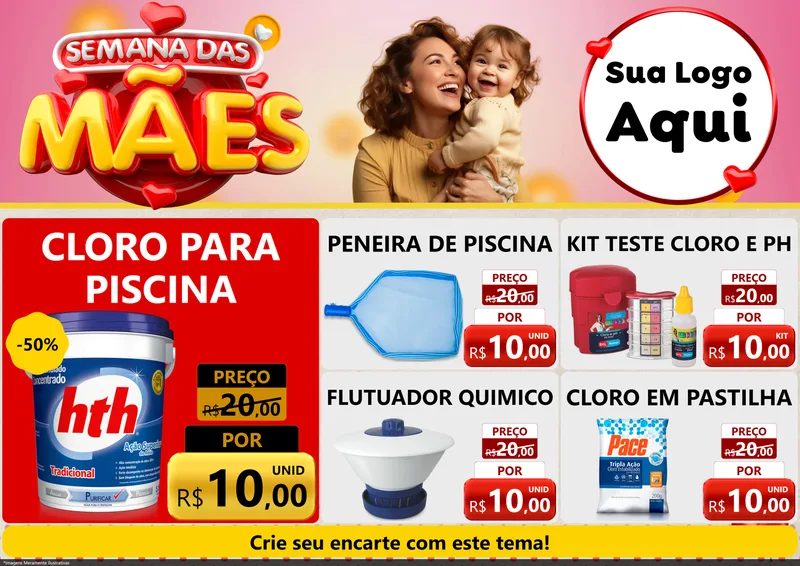 Modelo de Encarte para Encarte A4 Horizontal com o tema Semana das Mães para Produtos para Piscina