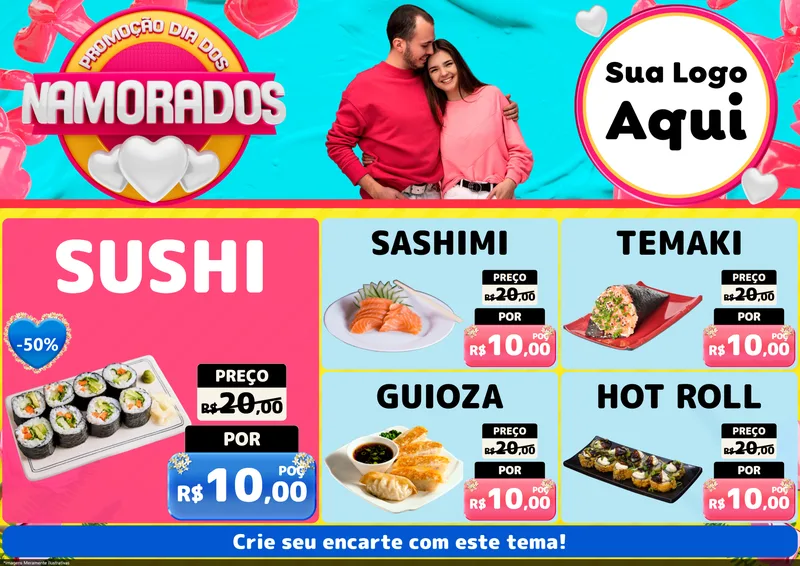 Modelo de Encarte para Encarte A4 Horizontal com o tema Promoção Dia dos Namorados para Comida japonesa