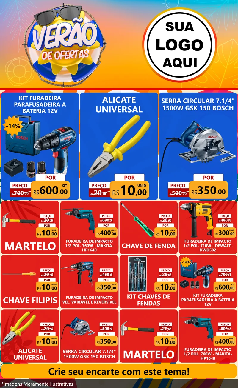 Modelo de Encarte para Encarte Grande com o tema Verão de Ofertas para Maquinas e Ferramentas