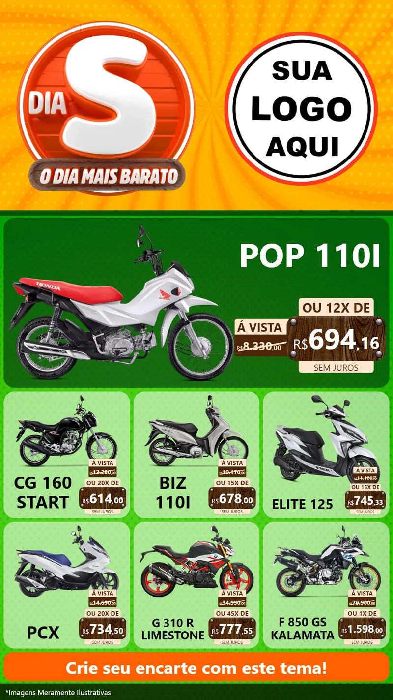 Modelo de Rede Social para Stories com o tema Dia S - O Dia Mais Barato para Concessionaria de Motos
