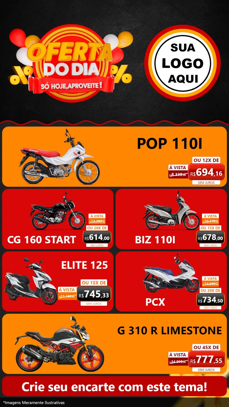 Modelo de TV para TV Vertical com o tema Oferta do Dia - Só hoje, Aproveite! para Concessionaria de Motos