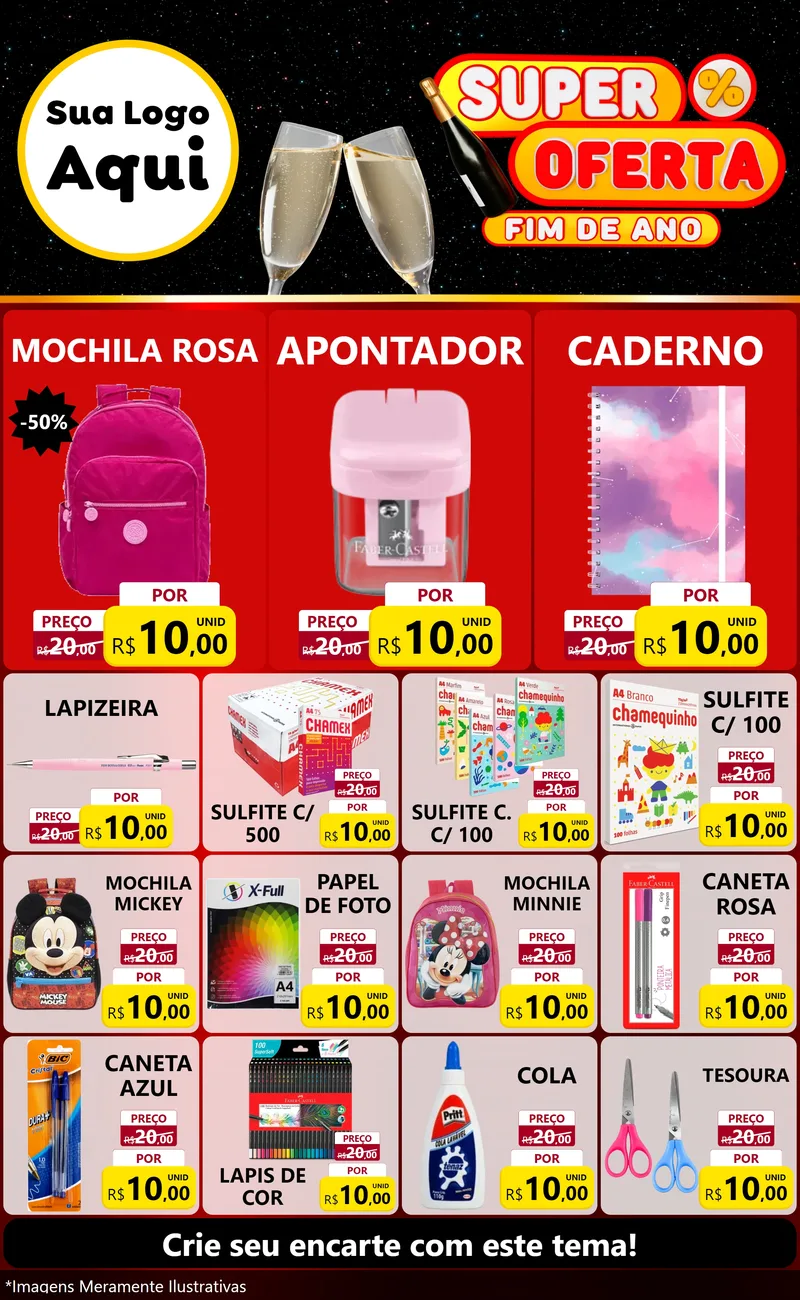 Modelo de Encarte para Encarte Grande com o tema Super Oferta Fim de Ano para Papelaria