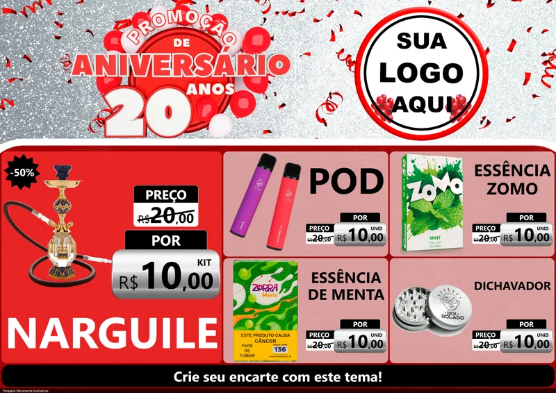Modelo de Encarte para Encarte A4 Horizontal com o tema Promoção de Aniversário - 20 Anos para Tabacaria