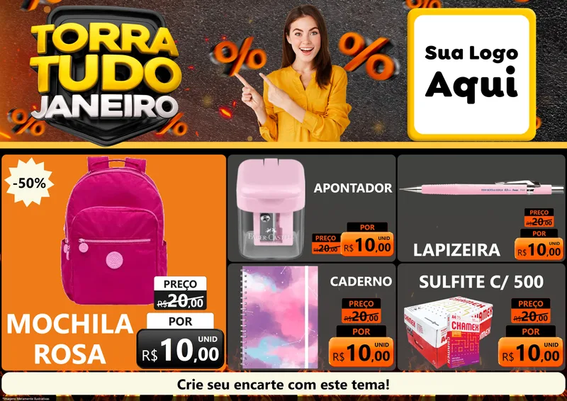 Modelo de Encarte para Encarte A4 Horizontal com o tema Torra Tudo Janeiro para Papelaria