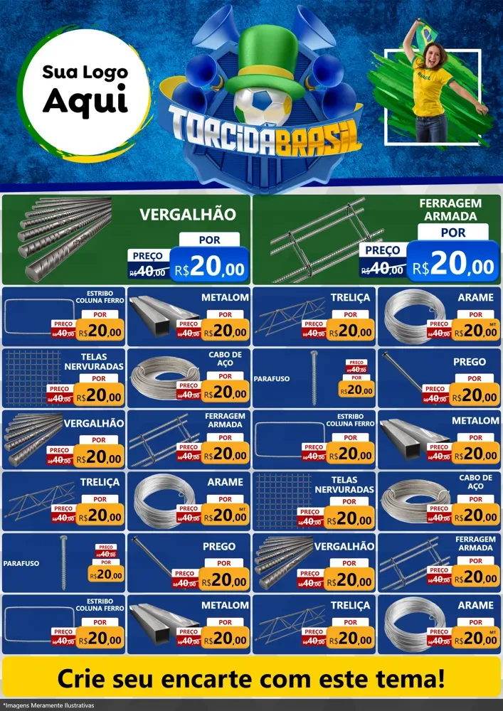 Modelo de Encarte para Encarte A4 Vertical com o tema Torcida Brasil - Copa para Ferragens