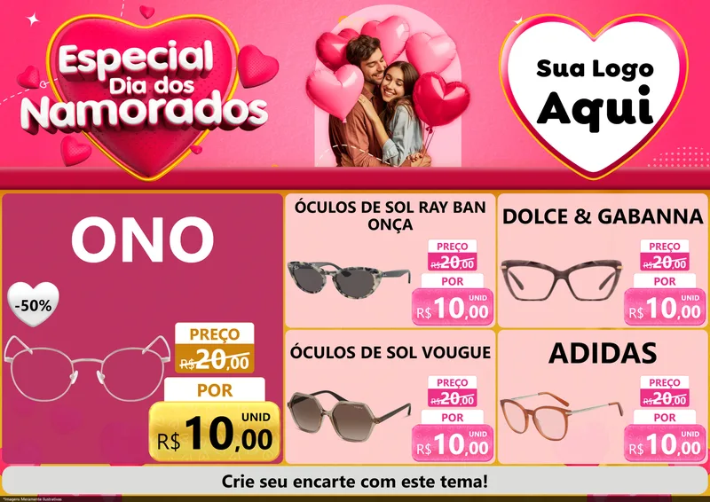 Modelo de Encarte para Encarte A4 Horizontal com o tema Especial Dia dos Namorados para Óticas