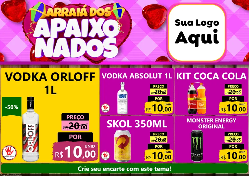 Modelo de Encarte para Encarte A4 Horizontal com o tema Arraiá dos Apaixonados para Distribuidora de bebidas