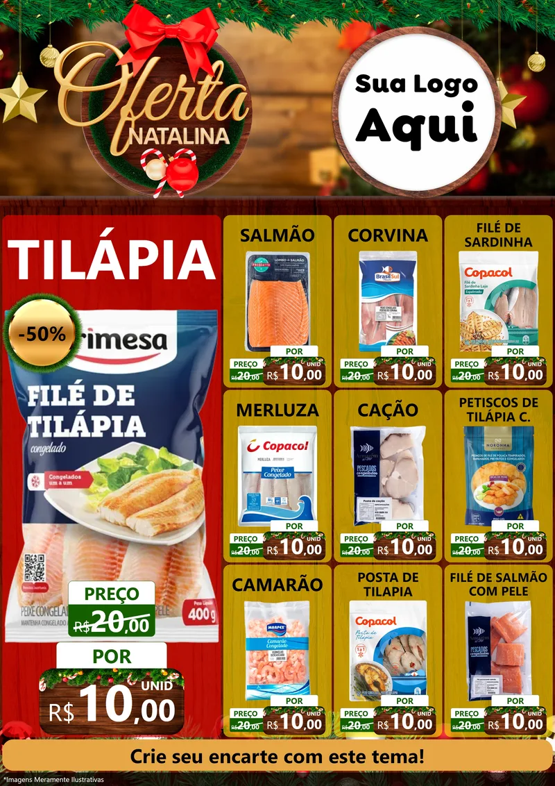 Modelo de Encarte para Encarte A4 Vertical com o tema Ofertas Natalina para Peixaria