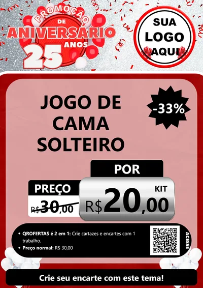 Modelo de Cartaz para Cartaz A4 Vertical com o tema Promoção de Aniversário - 25Anos para Cama, Mesa e Banho