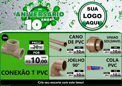 Modelo de Encarte para Encarte A4 Horizontal com o tema Promoção de Aniversário - 10 Anos para Tubos e conexões