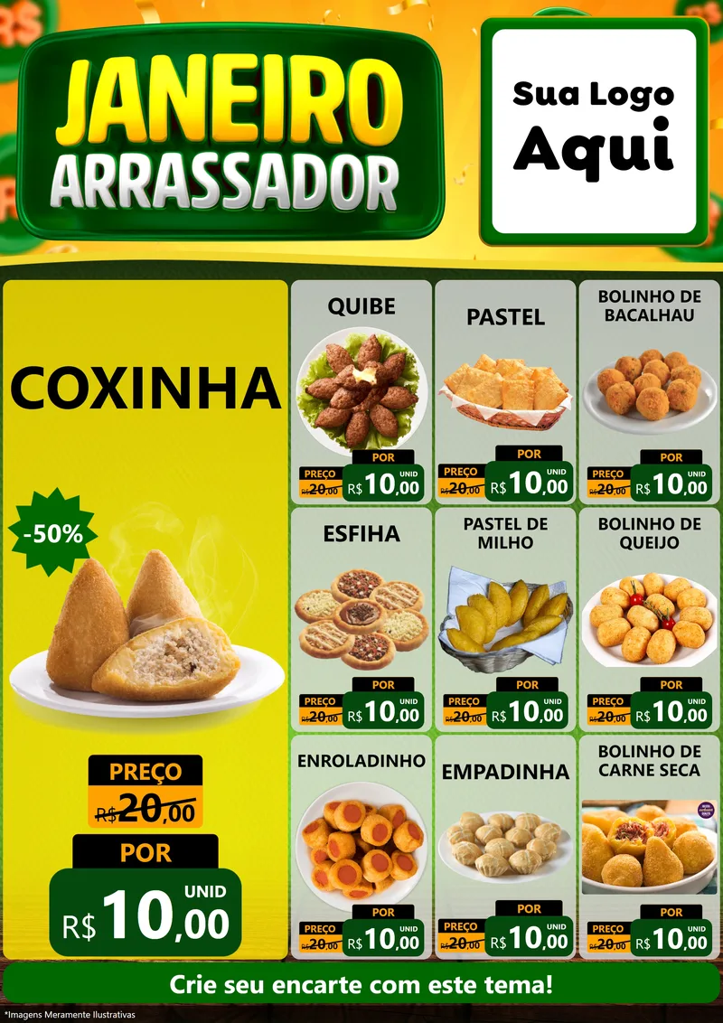 Modelo de Encarte para Encarte A4 Vertical com o tema Janeiro Arrasador para Salgadaria