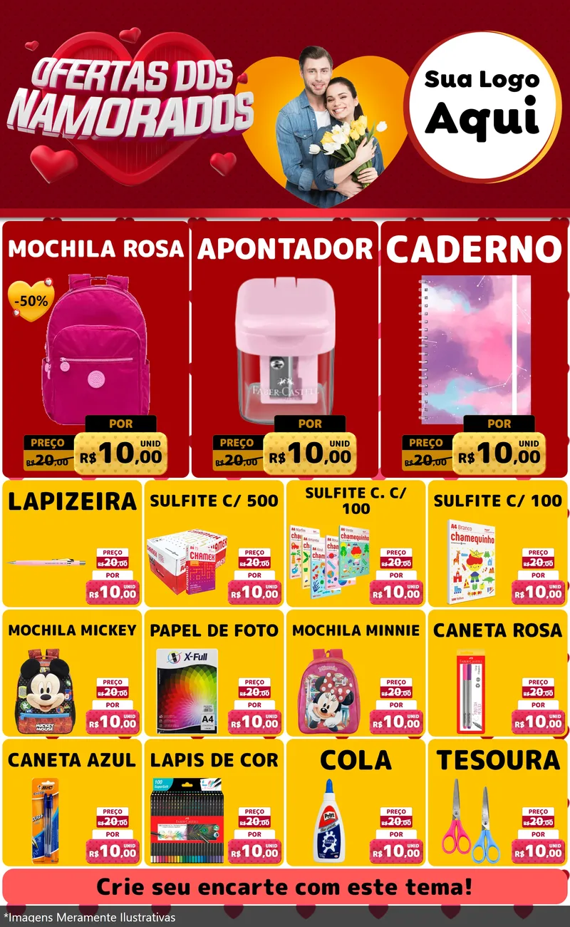 Modelo de Encarte para Encarte Grande com o tema Ofertas Dos Namorados para Papelaria