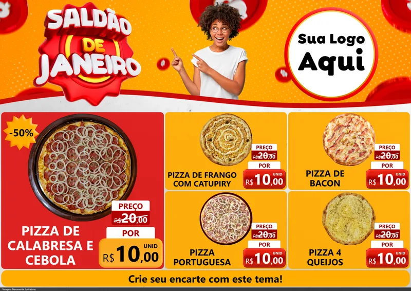 Modelo de Encarte para Encarte A4 Horizontal com o tema Saldão de Janeiro para Pizzaria