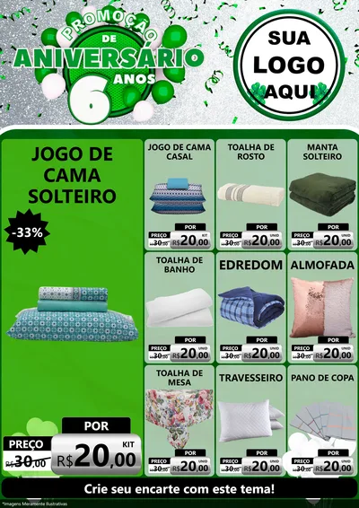 Modelo de Encarte para Encarte A4 Vertical com o tema Promoção de Aniversário - 6 Anos para Cama, Mesa e Banho